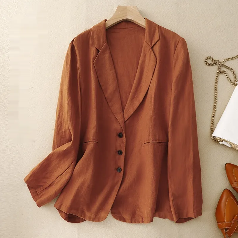 Womens Retro Casual Linen Blazer With A Notch Lapel For Layering - Orange