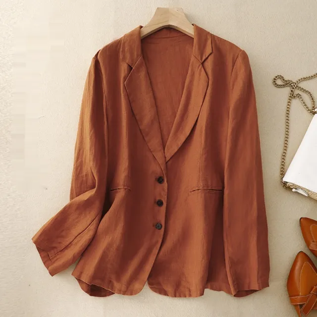 Womens Retro Casual Linen Blazer With A Notch Lapel For Layering Orange - Shop at LoveMi