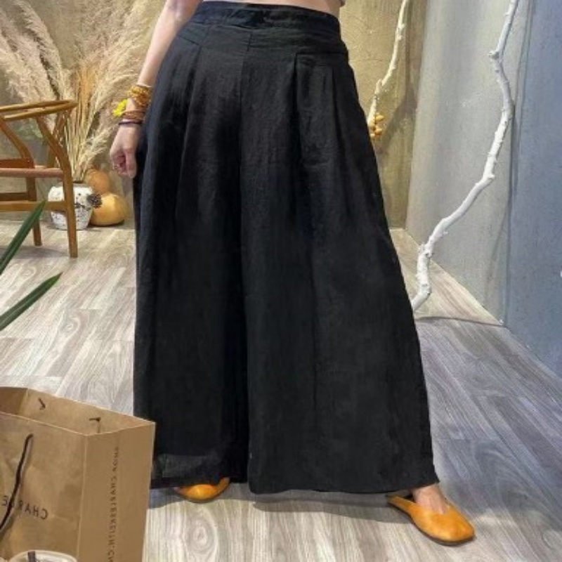 Womens Retro Loos Slimming High-Waist Cotton-Linen Wide-Leg Pants