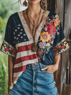V-neck Pullover T-shirt Casual Top - 1623195 Zj1309-Xs - View 1
