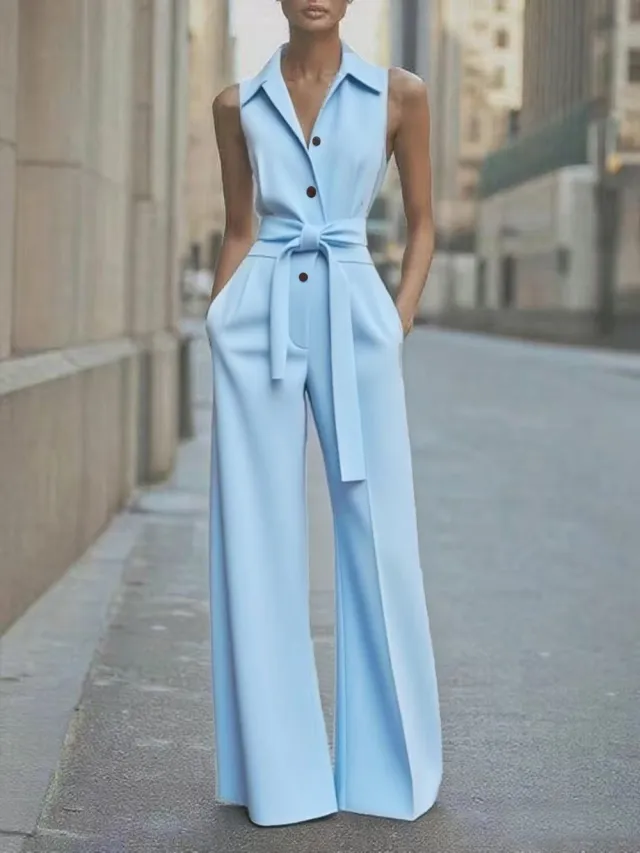 Fashionable Solid color Wide leg Jumpsuit With A Shirt Collar Blue - Shop at LoveMi