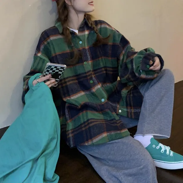 Koreanstyle SpringAutumn FleecLined Thickened Brushed Plaid Shirt For Women Green - Shop at LoveMi