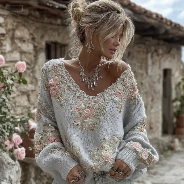 V neck Pullover With A Premium Printed Faux knit Design Gray - Shop at LoveMi