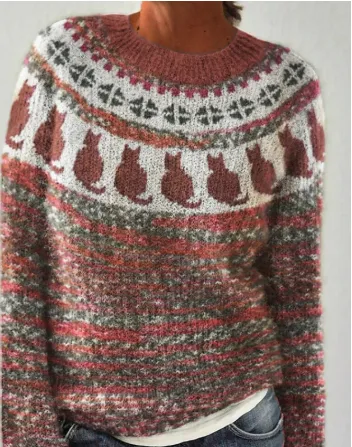 Round Neck Multicolor Loose Fashion Sweater Women - Red