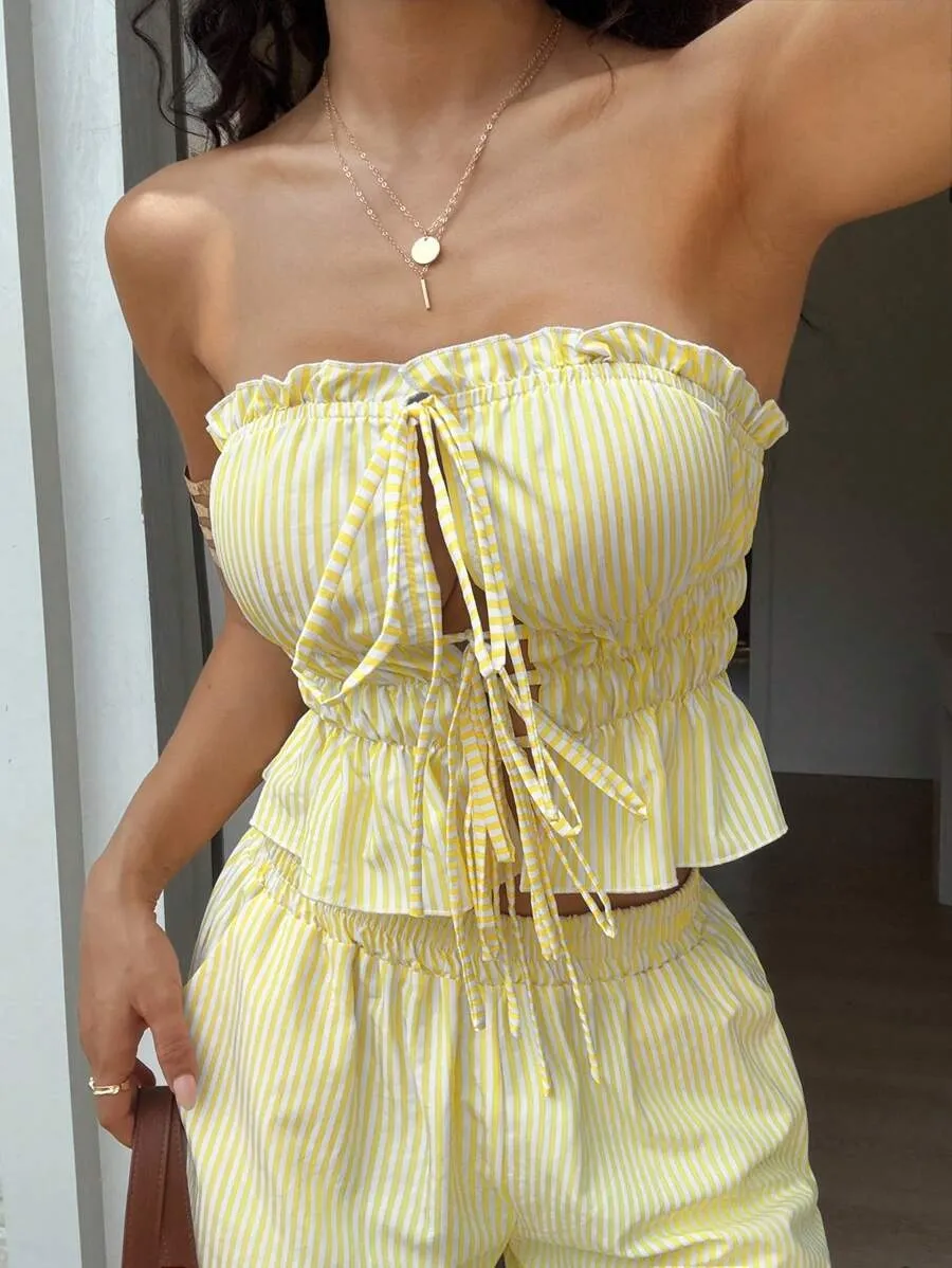 Womens Stylish And Elegant Striped Pantsuit - Yellow
