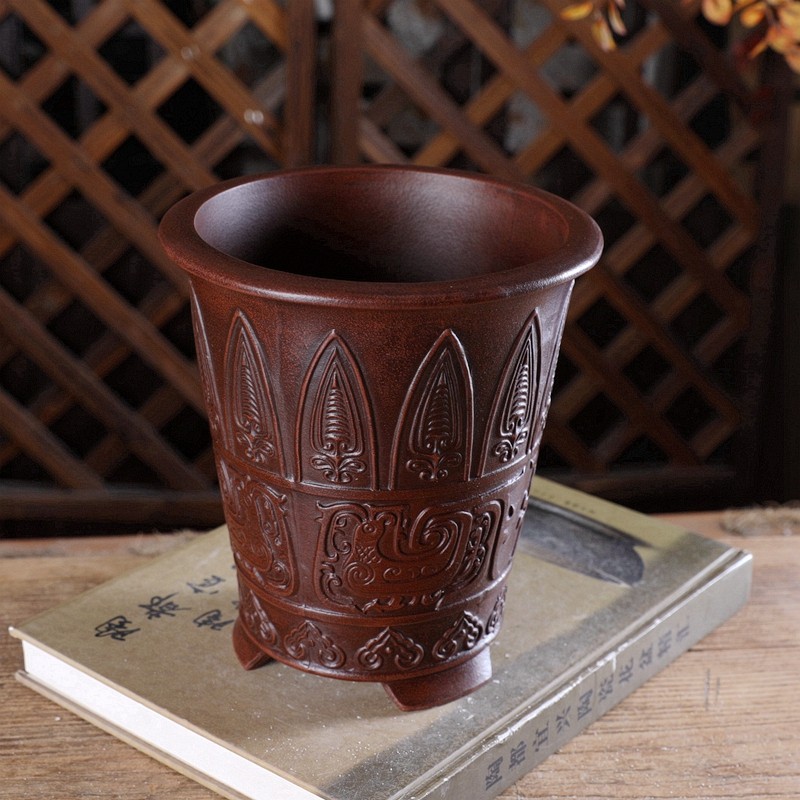 Retro Yixing Purple Clay Color-Painted Phoenix Slanted-Edge Cylinder