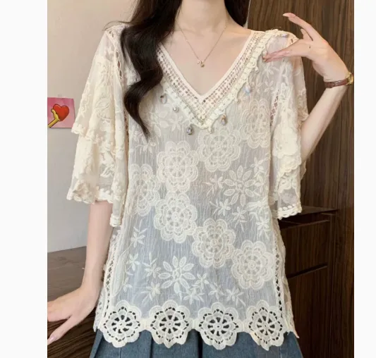Womens Fashion Embroidered Hollow Lace Short Sleeve Shirt White - Shop at LoveMi