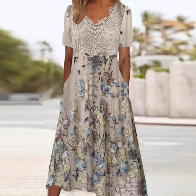 Floral Print Lace-trimmed Crew-neck Dress - Floral