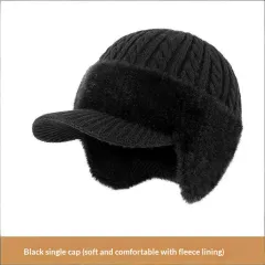 Thickened Warm Knitted Beanie With Rabbit Fur Lining And Ear Flapswind- And Cold-resistant For Cycling - Black - View 1