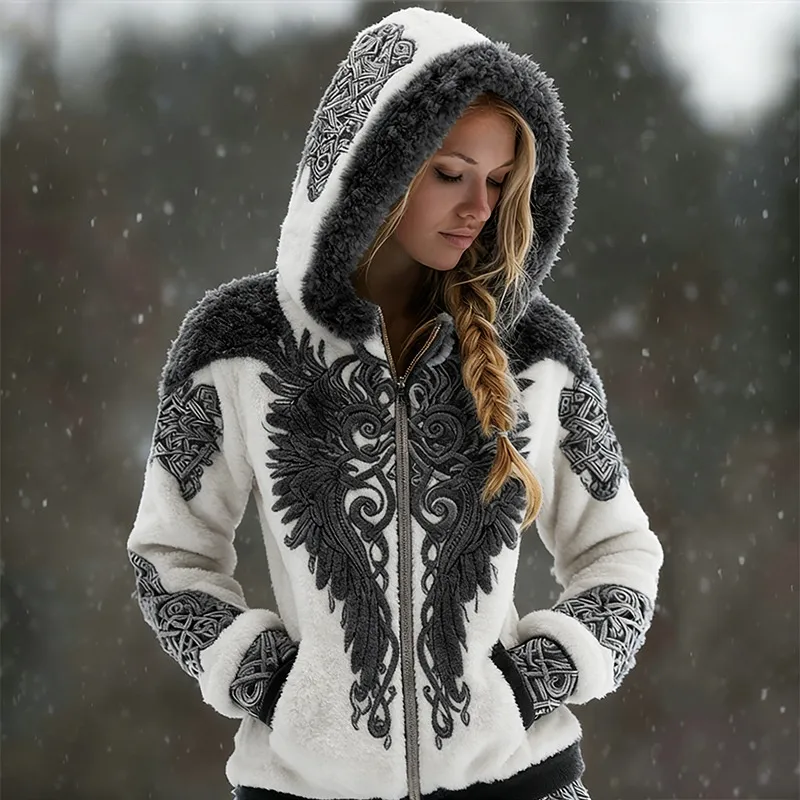 3D Digital Print Fashionable Retro New Zip-Up Hoodie For FallWinter - White