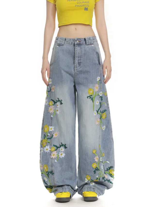 Plant And Floral Embroidered Curved Jeans Blue - Shop at LoveMi