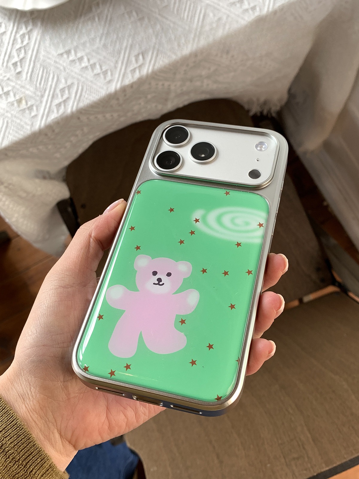 Green And Pink Little Bear Phone Case With A Silver-plated Frame And Epoxy Coating