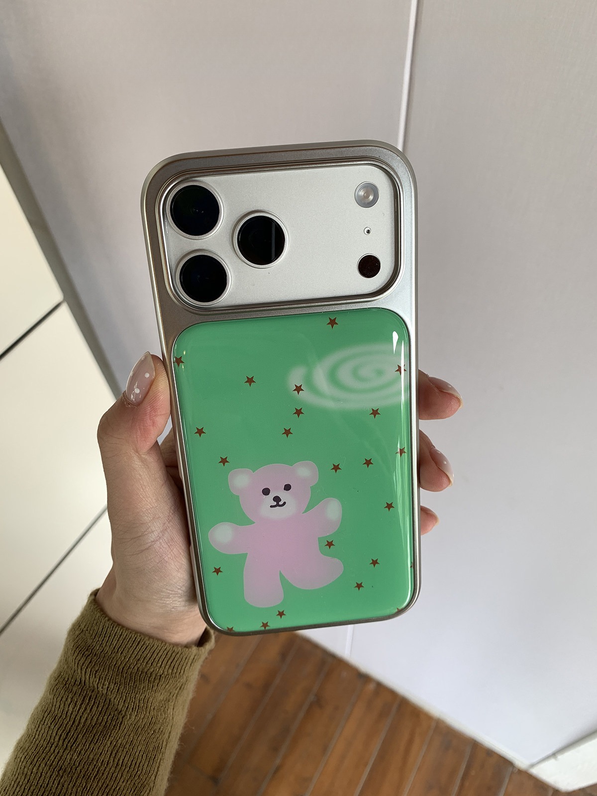 Green And Pink Little Bear Phone Case With A Silver-plated Frame And Epoxy Coating