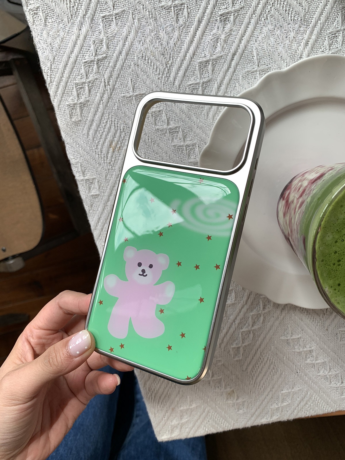 Green And Pink Little Bear Phone Case With A Silver-plated Frame And Epoxy Coating