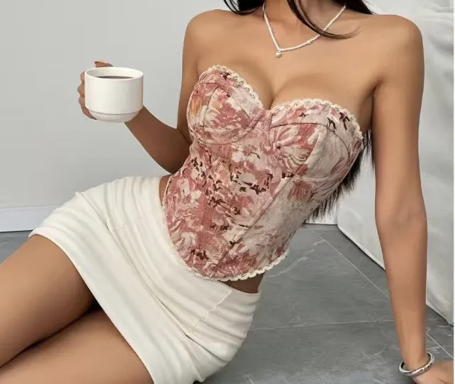 Chest Wrap Flounce Trim Lace Up French Minority Fishbone Drawstring Slim fit Vest Pink - Shop at LoveMi