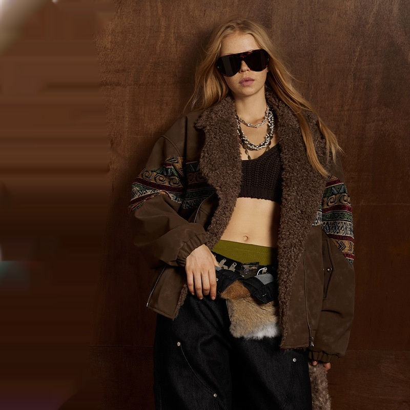 Thermal Cotton-Padded Jacket With Spliced PU Leather And Lambswool Lining