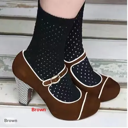 Womens Retro Round Toe Low Heel Pumps With Ankle Strap Buckle Brown - Shop at LoveMi