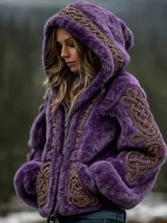 Womens Warm Hooded Zip-Up Cardigan Sweater - Purple - View 1