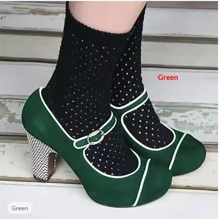 Womens Retro Round Toe Low Heel Pumps With Ankle Strap Buckle Green - Shop at LoveMi