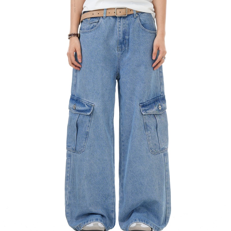 Ocean Blue Workwear Denim Jeans With Multiple Pockets Retro Style