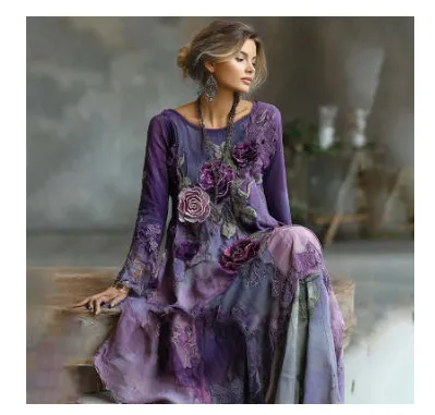 Purple Floral Print Gradient Flowy Linen Midi Dress - Floral - View 1
