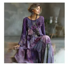 Purple Floral Print Gradient Flowy Linen Midi Dress - Floral - View 1
