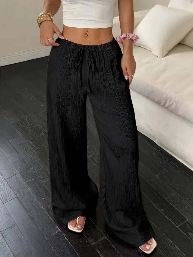 Flirla Women's Casual Versatile Solid Color Wide Leg Pants Black - Shop at LoveMi
