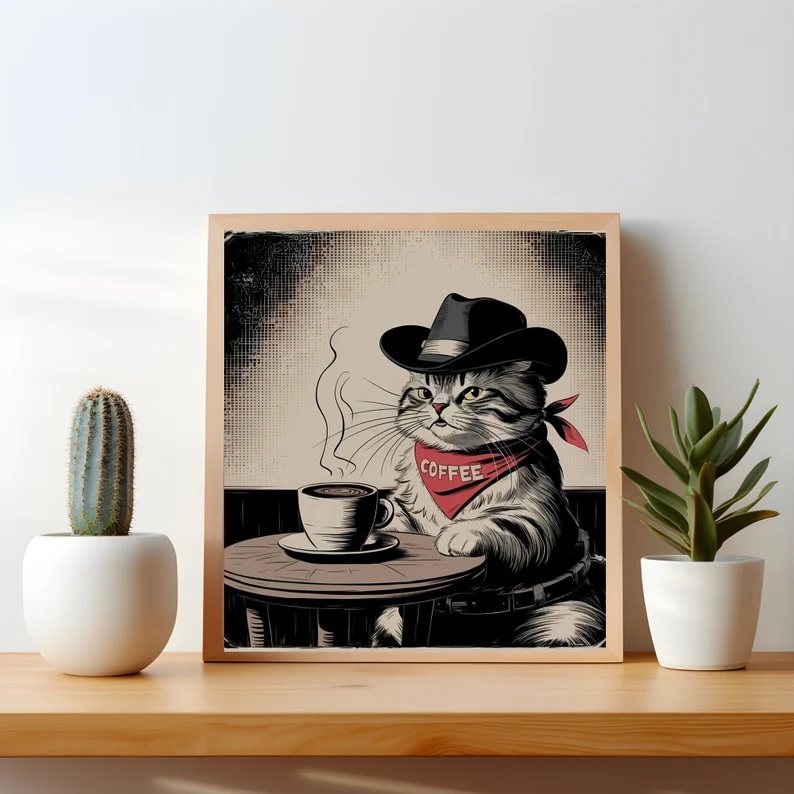 Retro Nostalgic Framed Wall Art For  And Restaurants Adorable Cartoon Cat Pet Design