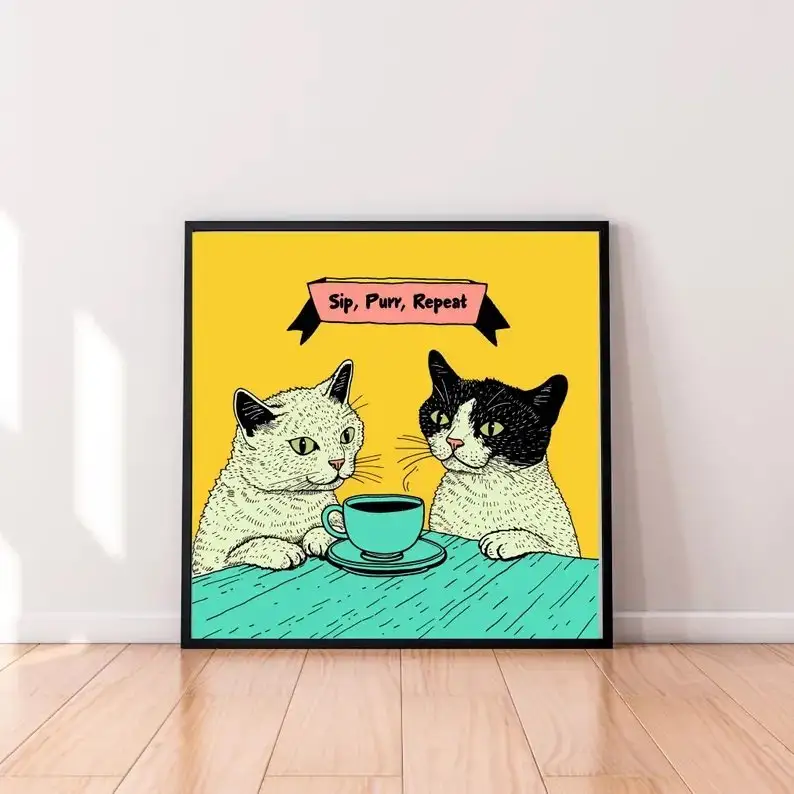 Retro Nostalgic Framed Wall Art For  And Restaurants Adorable Cartoon Cat Pet Design