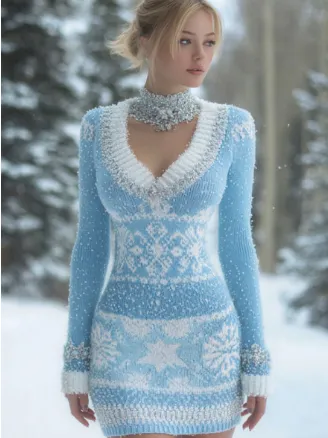Ladies' Christmas Themed Snowman Snowflake Imitation Knitted Dress - Dfionr7441734-S