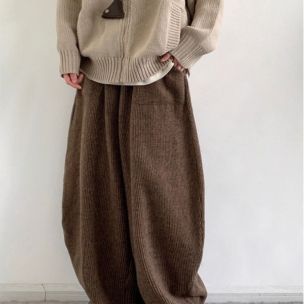 Womens Retro Corduroy Coffee-Colored Wide-Leg Pants