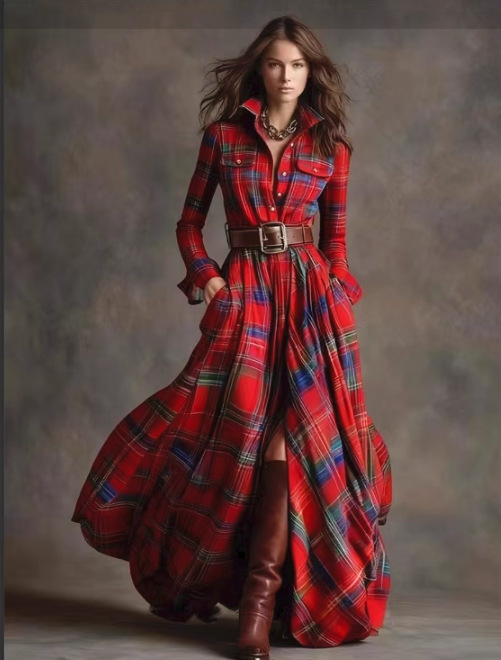 Ins Plaid Print Long-Sleeved Dress Fashion Pockets Collared Buttons Shirt Long Dresses Retro Women's Clothing - Image 13