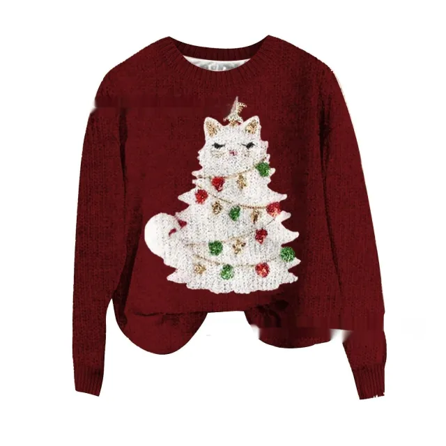 Arrival Chunky Knit 3D Digital Print Crewneck Sweatshirt Red - Shop at LoveMi