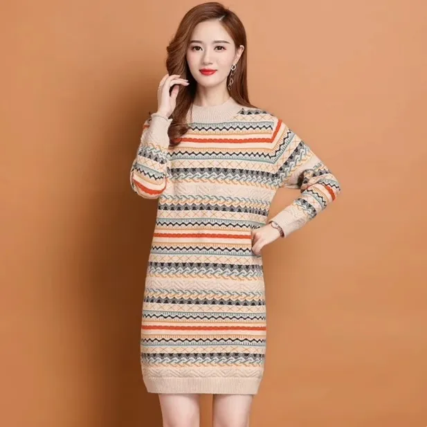 Womens Striped Midi Sweater Dress Apricot - Shop at LoveMi
