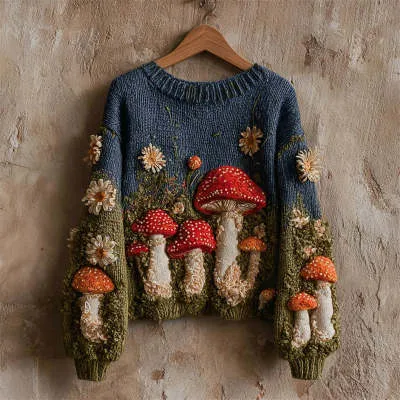 Womens Loose fitting Pullover Sweater With A Round Neck And Floral Print Floral - Shop at LoveMi