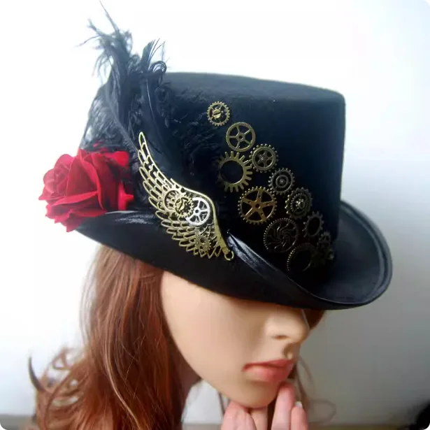 Retro Steampunk Ball Gatsby Hat with Winged Feathers