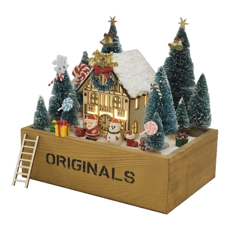 Lantern-lit Wooden Cabin Glass-enclosed Space Christmas Gift Decorations For Christmas Eve