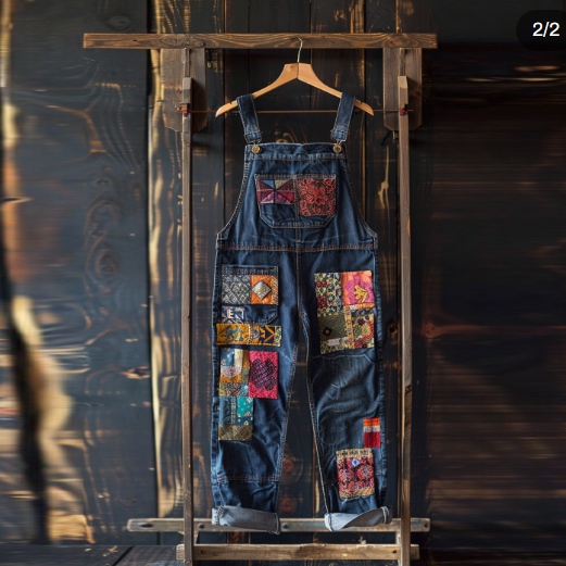 Vintage Patchwork Geometric Art Print Jeans Jumpsuit