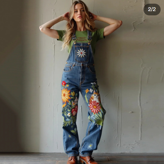 Vintage Kitty And Floral Oil Painting Art Jeans Jumpsuit
