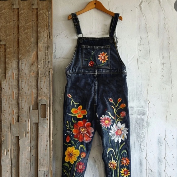 Art Oil Painting Plant Floral Print Jeans Jumpsuit