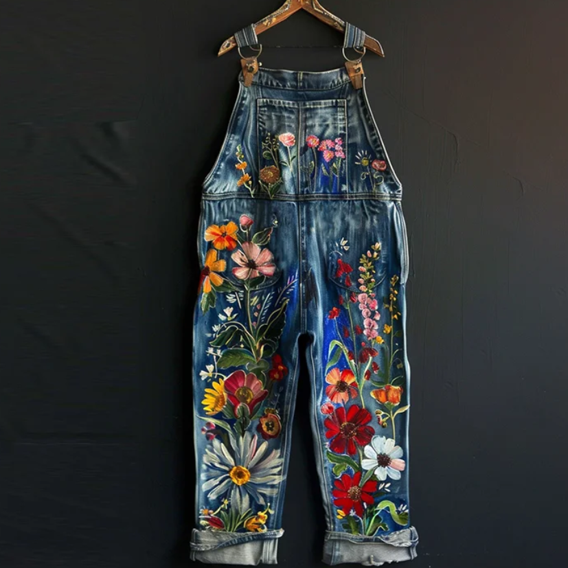 Art Oil Painting Plant Floral Print Jeans Jumpsuit