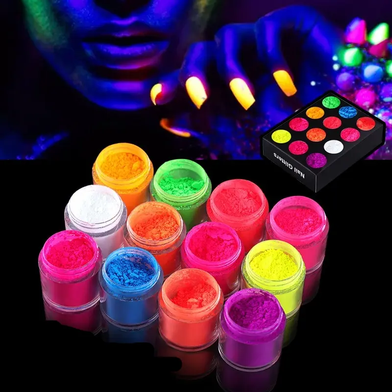 12-Color Fluorescent Nail Art Powder Set In A Barbie-Style Clear Box