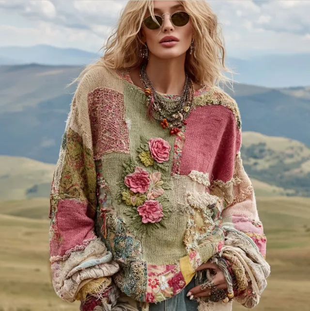 Womens Retro Patchwork Floral Padded Crew Neck Sweatshirt Pink - Shop at LoveMi