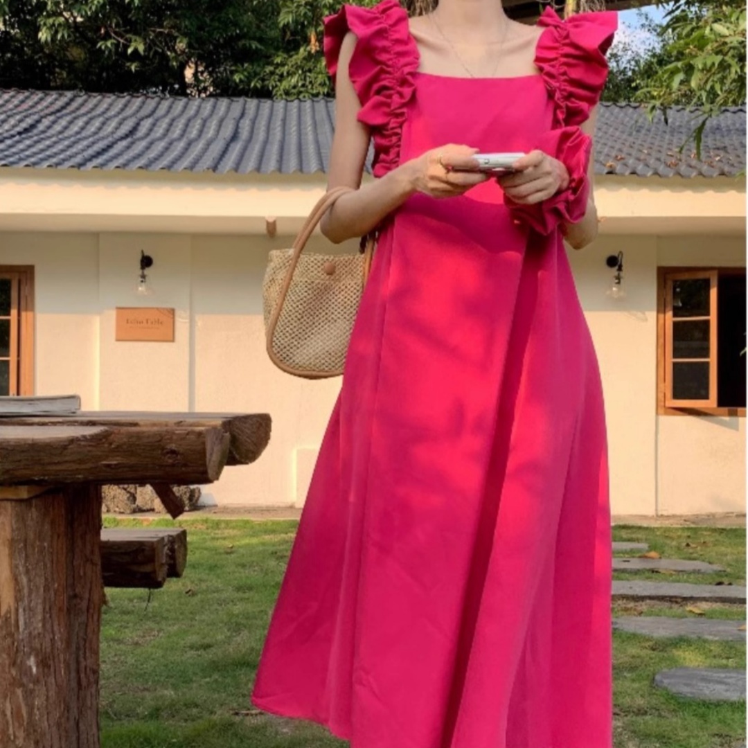 Womens Solid-Color Square-Neck Ruffle-Trim Cap-Sleeve Dress