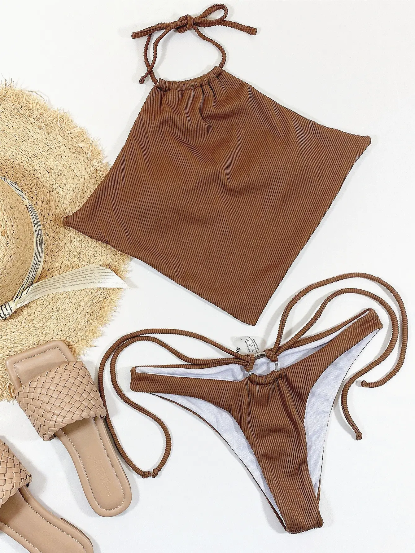 Womens Two-piece Swimsuit From Europe And The US With Ribbed Fabric And Tie Details