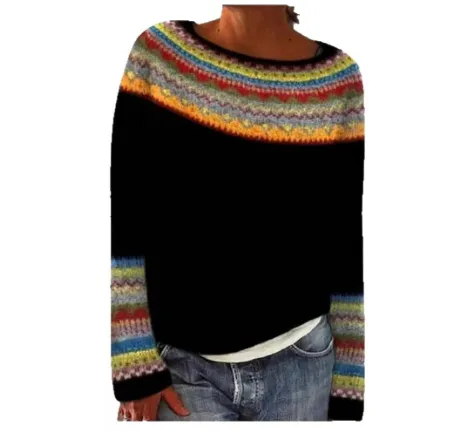 Women's Sweater Round Neck Multicolour Loose Fashion Pullover - Black