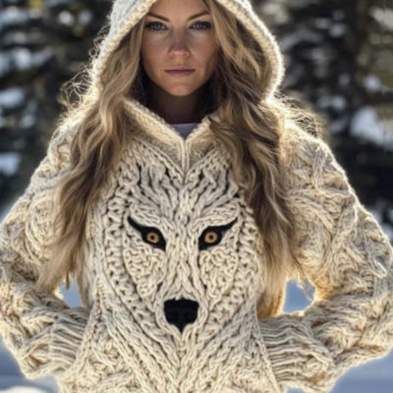 Retro Womens Loose-Fit Hooded Casual Printed Sweater