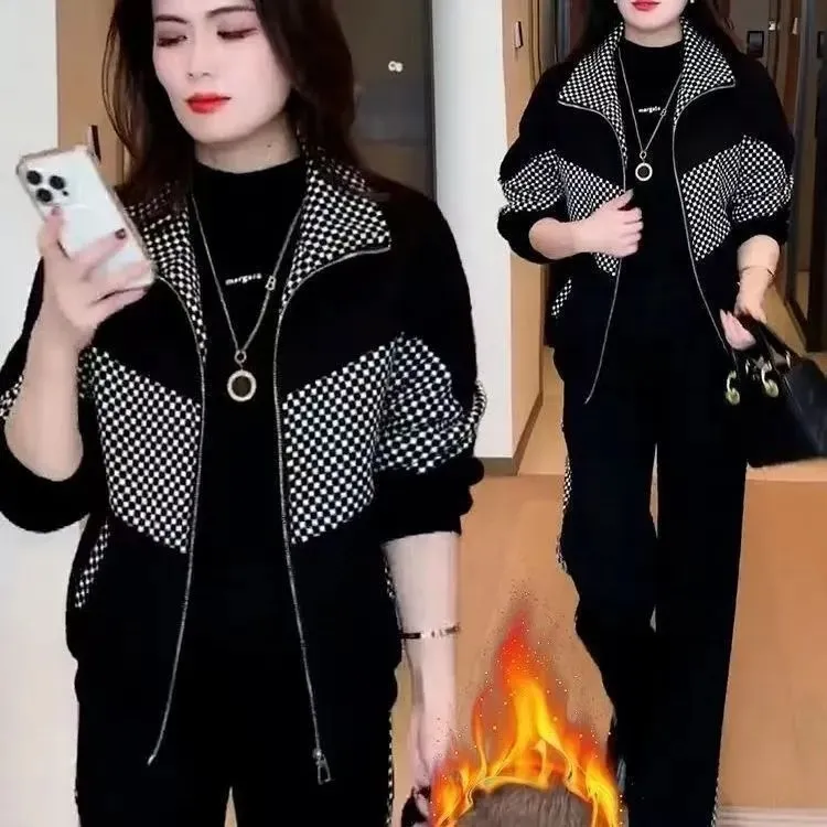 Youthful Patchwork Plaid High-End Western-Style Fleece-Lined Thickened Casual Set - Plaid Suit-4Xl