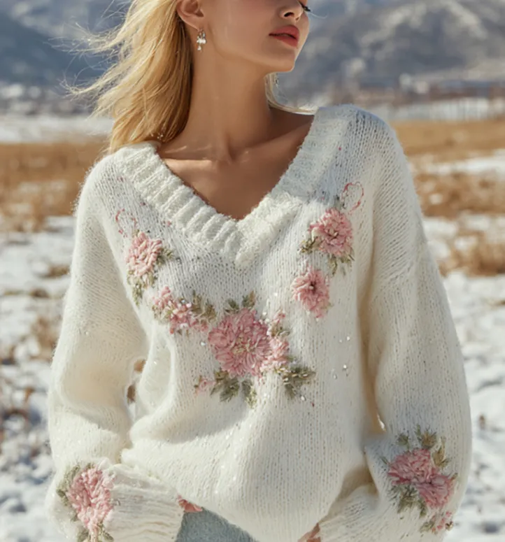 Loose-fitting V-neck Top For Fallwinter With A Casual Dropped Shoulder Design - White