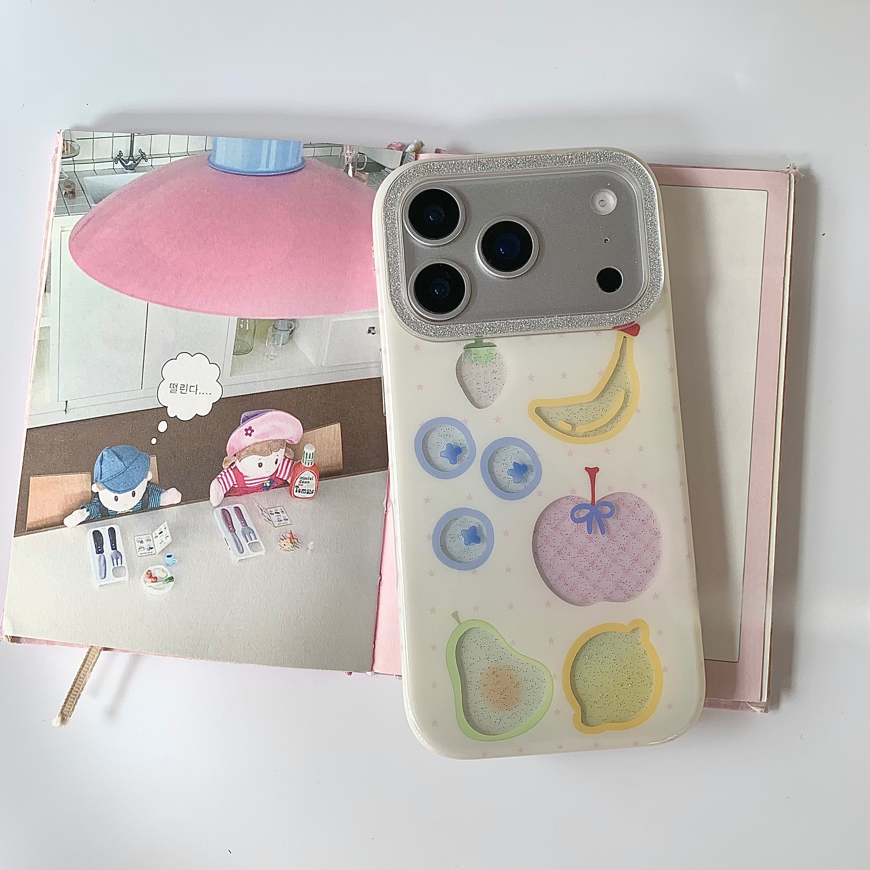 White Phone Case With Glitter Hollowed-out Fruit Design